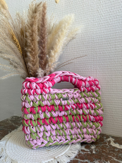 Sac à main dégradé rose et rose fuchsia en crochet avec poignée intégrée, fait main.