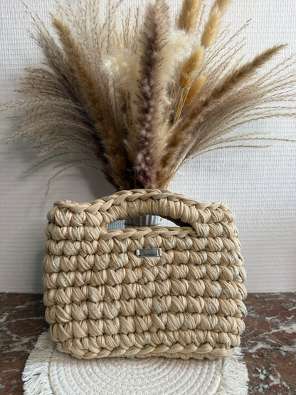 Sac à main beige et pailleté doré en crochet, avec poignée intégrée, fait main