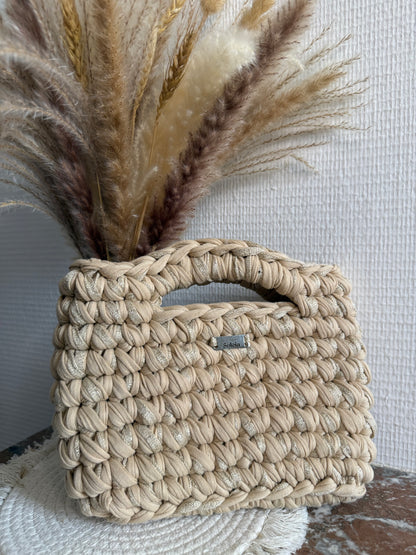 Sac à main beige et pailleté doré en crochet, avec poignée intégrée, fait main
