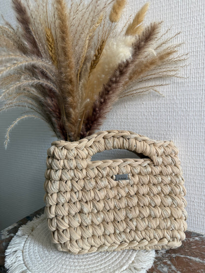 Sac à main beige et pailleté doré en crochet, avec poignée intégrée, fait main